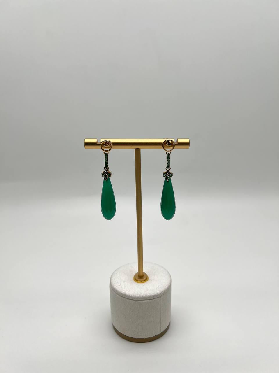 Dark Green Teardrop Briolette Quartz Earrings Diamond 14K Gold Drop Earrings