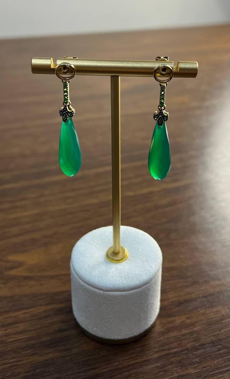 Dark Green Teardrop Briolette Quartz Earrings Diamond 14K Gold Drop Earrings