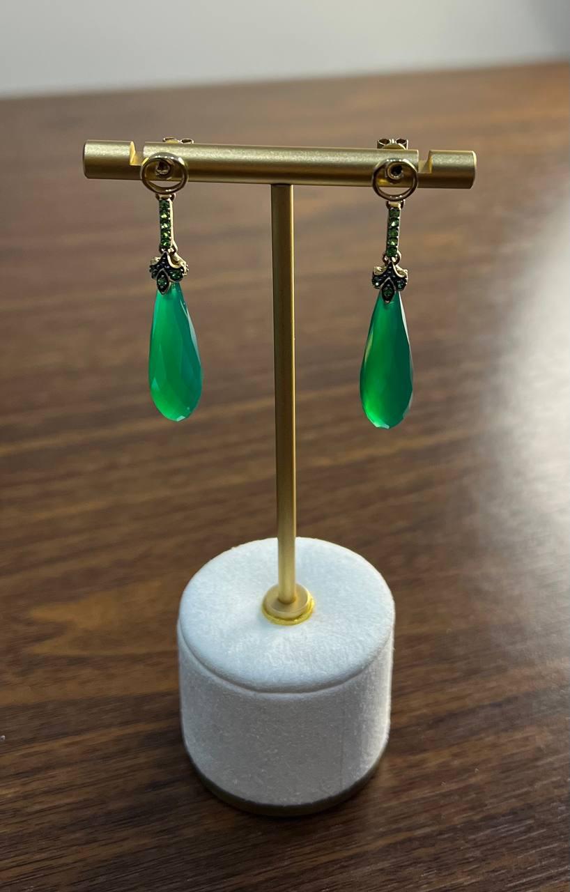 Dark Green Teardrop Briolette Quartz Earrings Diamond 14K Gold Drop Earrings