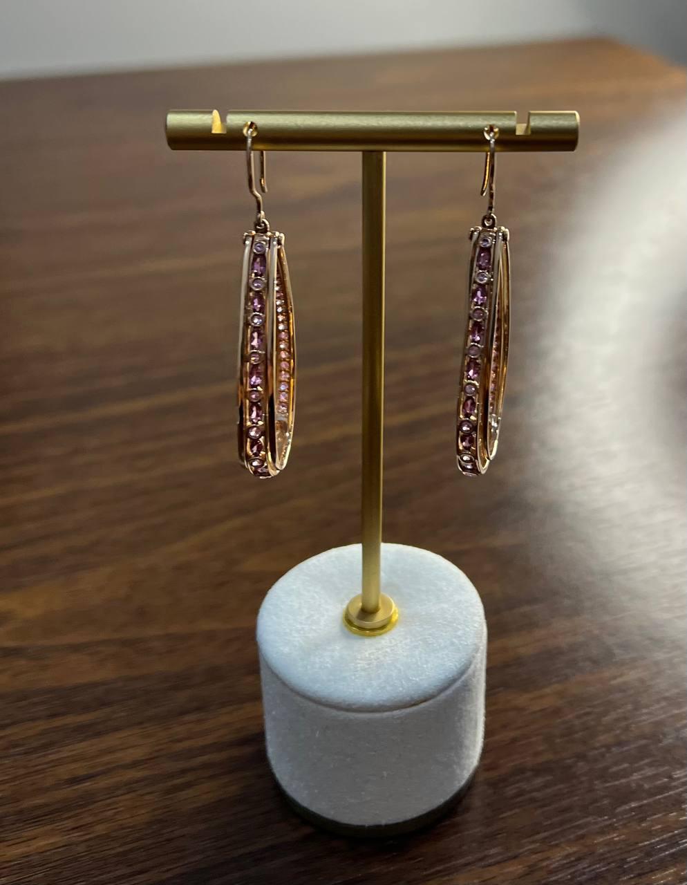 Pink Sapphire White Diamonds 14K Rose Gold Pear Shape Hoop Statement Earrings