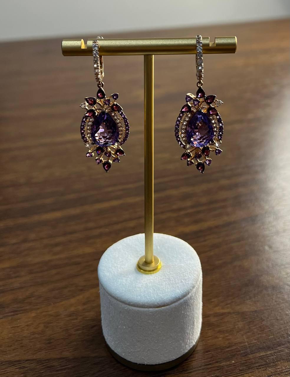 Purple Amethyst Diamond Halo Floral 14K Rose Gold Dangle Chandelier Earrings