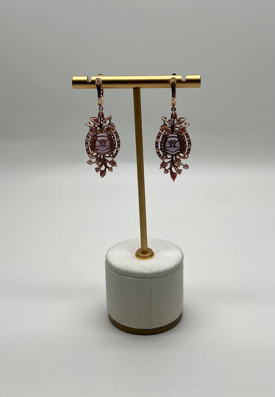 Purple Amethyst Diamond Halo Floral 14K Rose Gold Dangle Chandelier Earrings