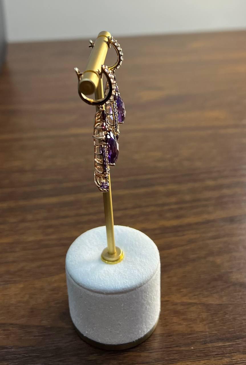 Purple Amethyst Diamond Halo Floral 14K Rose Gold Dangle Chandelier Earrings