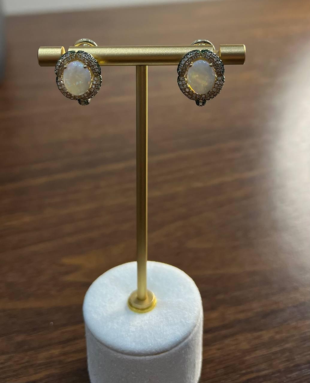 White Opal White Diamonds Champagne Halo Pave-Set 14K Gold Statement Earrings