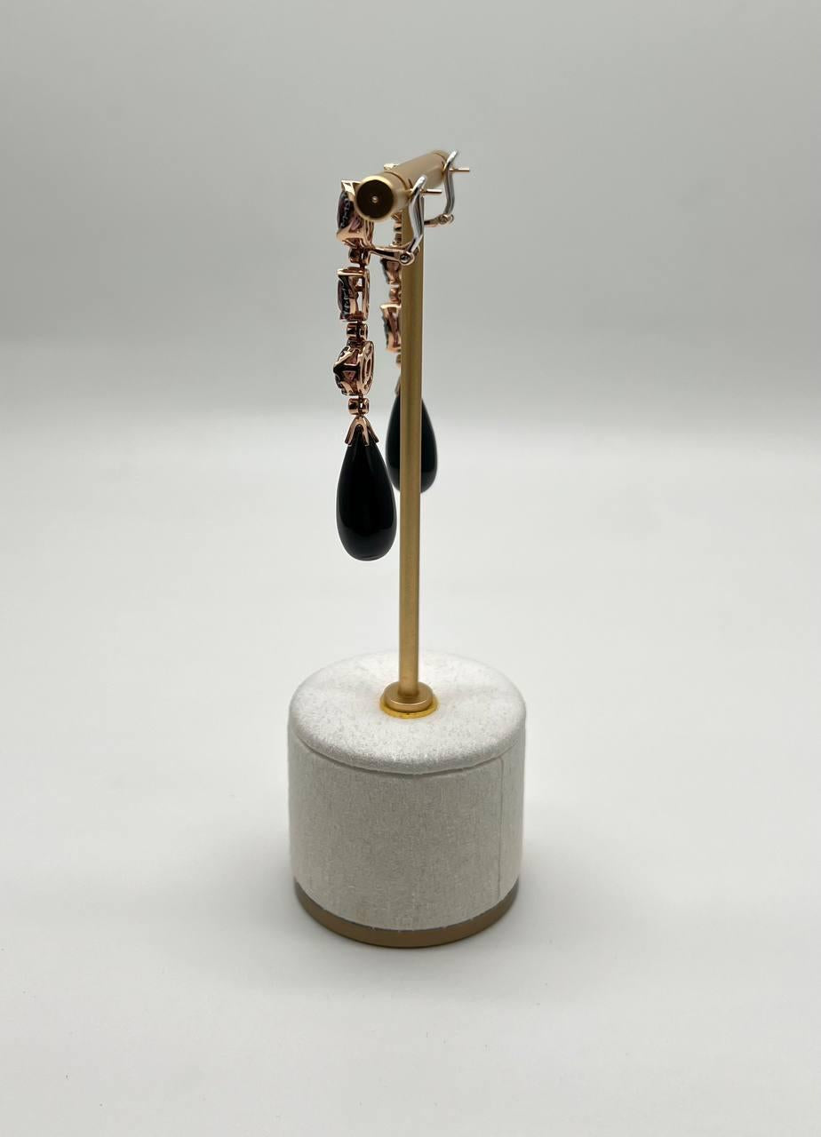 Black Onyx Drop Briolette Diamond Garnet 14K Yellow White Gold Unique Earrings