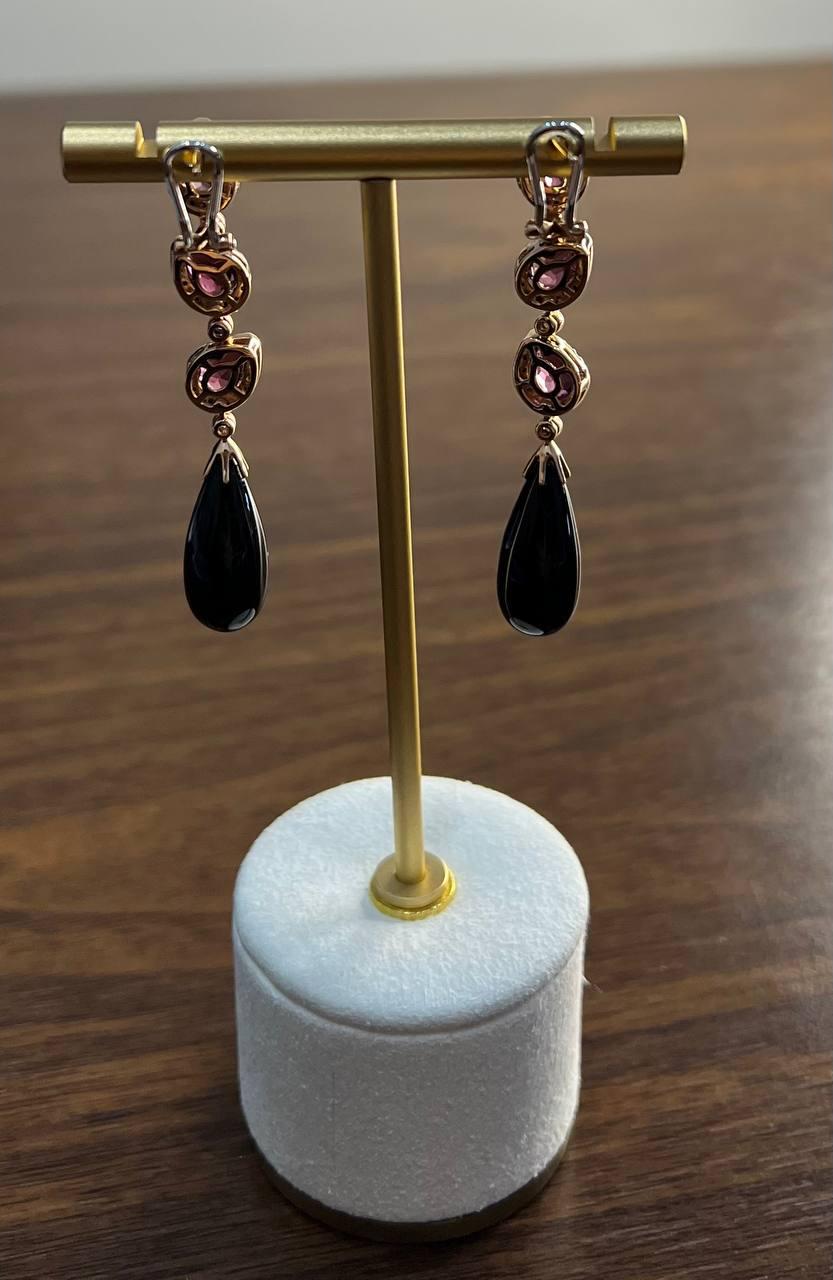 Black Onyx Drop Briolette Diamond Garnet 14K Yellow White Gold Unique Earrings