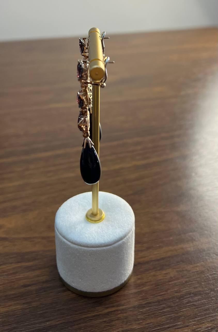 Black Onyx Drop Briolette Diamond Garnet 14K Yellow White Gold Unique Earrings