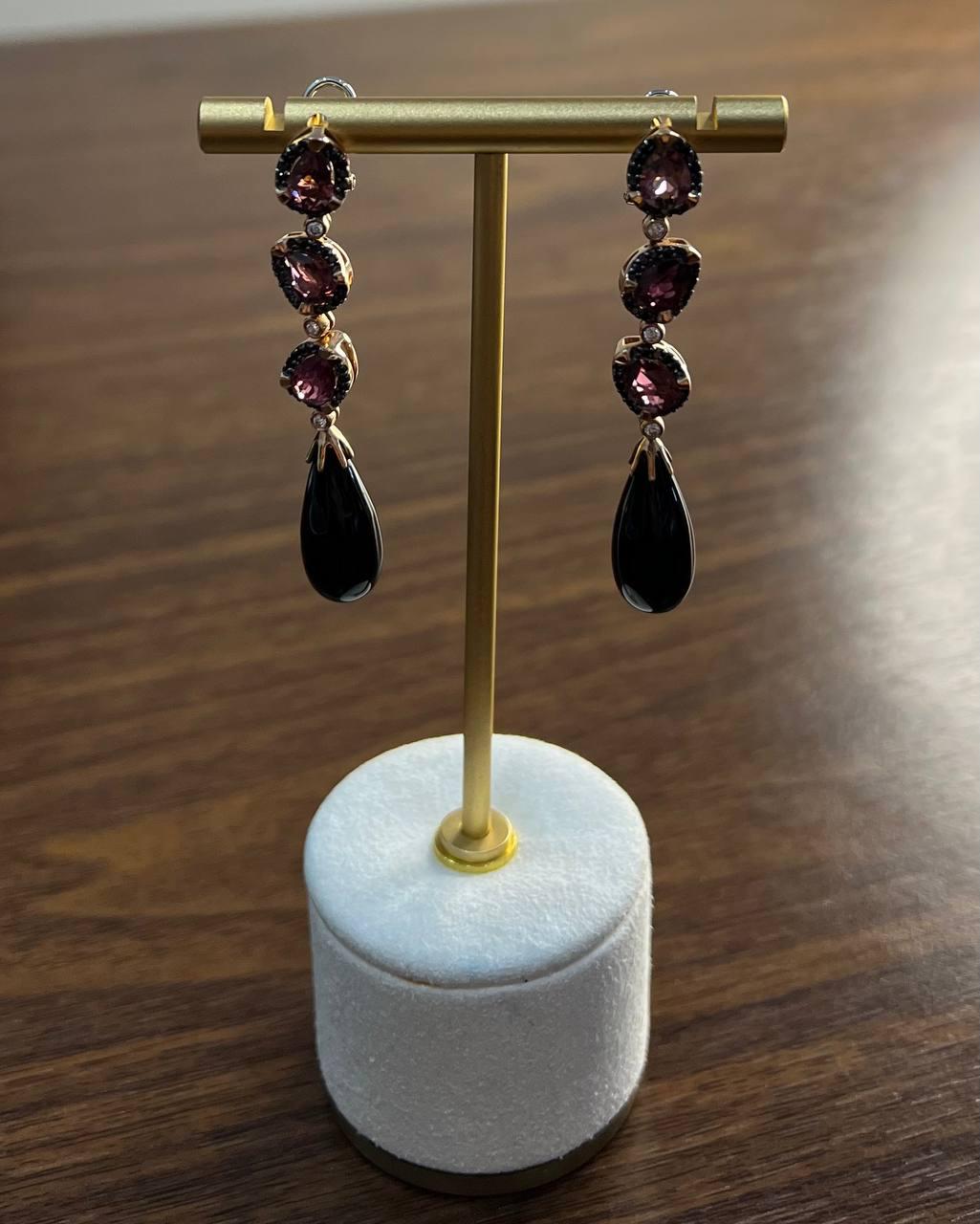 Black Onyx Drop Briolette Diamond Garnet 14K Yellow White Gold Unique Earrings