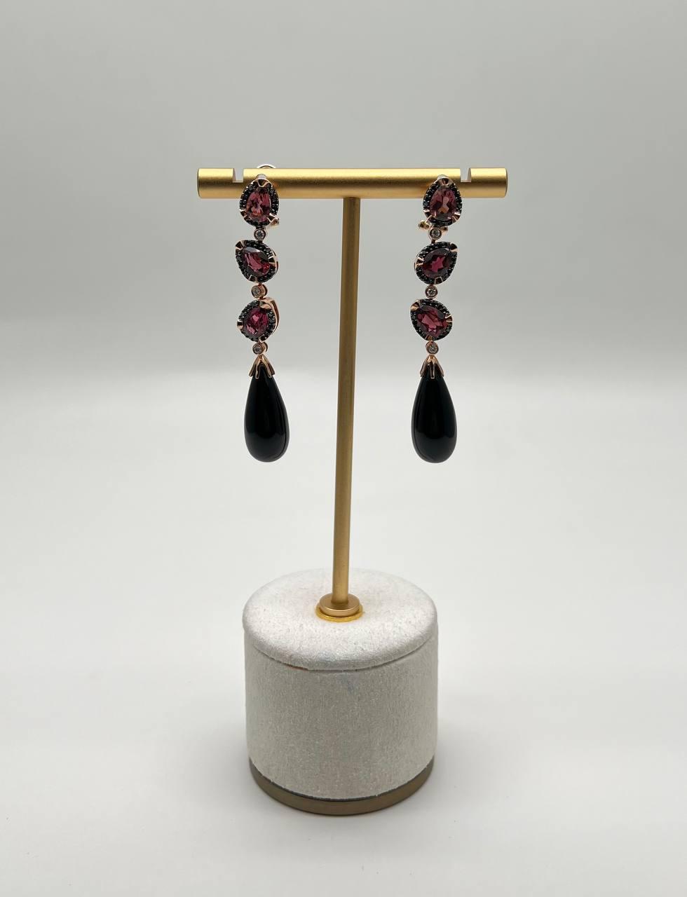 Black Onyx Drop Briolette Diamond Garnet 14K Yellow White Gold Unique Earrings