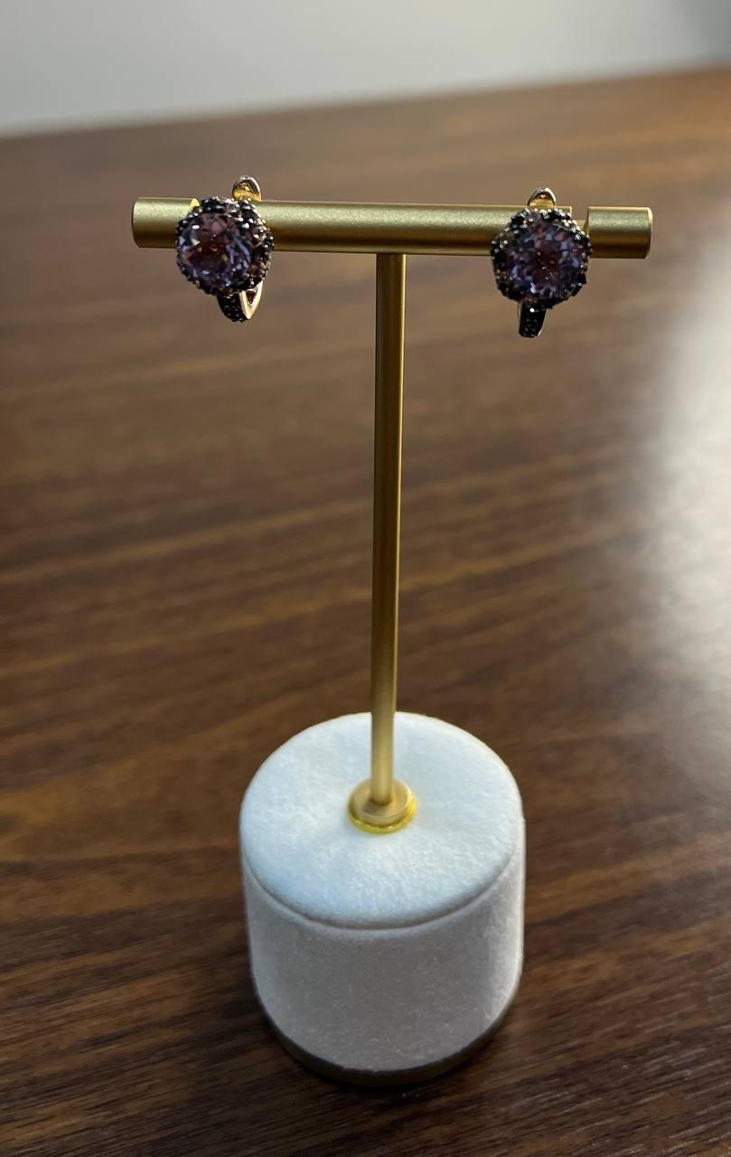 Purple Violet Amethyst White Brown Diamonds Halo 14K Rose Gold Stud Earrings