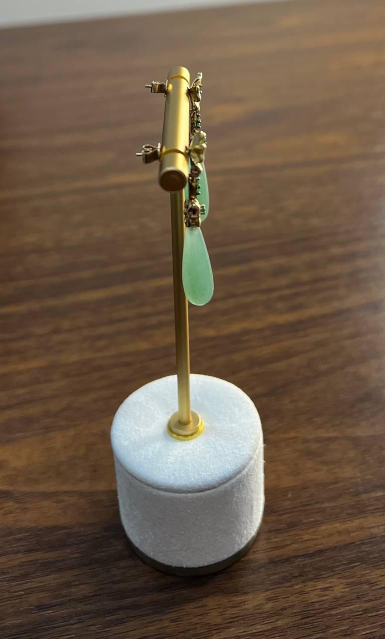 Droplet Briolette Light Green Jade Floral 14K Yellow Gold Teardrop Earrings