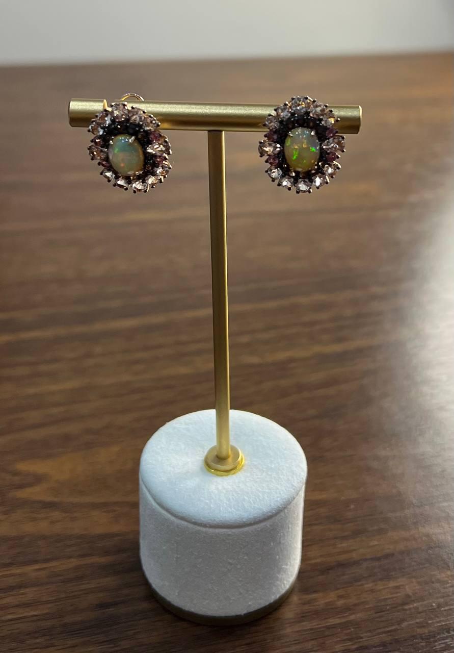 White Opal Brown Diamonds Peach Morganites 18K Rose Gold Statement Earrings