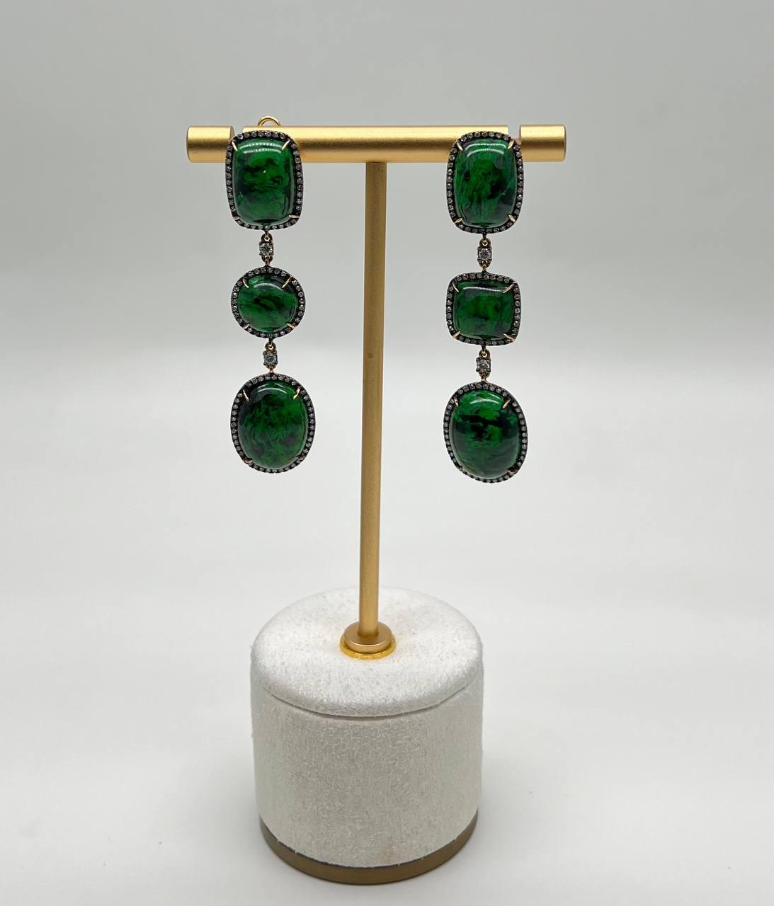 Dark Green Maw Sit Sit Jade-albite Diamond Halo 18K Gold Statement Drop Earrings