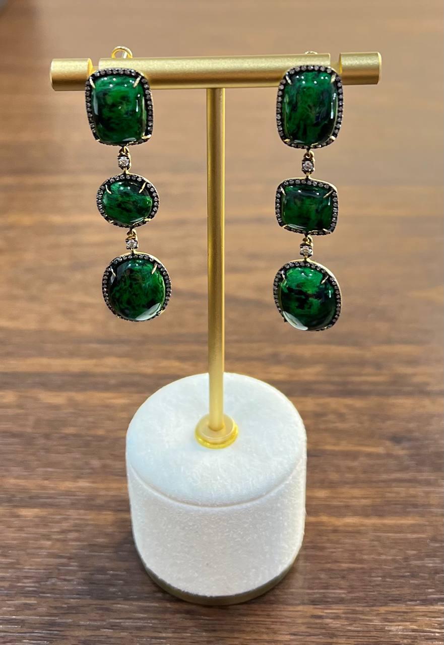 Dark Green Maw Sit Sit Jade-albite Diamond Halo 18K Gold Statement Drop Earrings