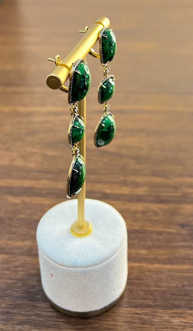 Dark Green Maw Sit Sit Jade-albite Diamond Halo 18K Gold Statement Drop Earrings