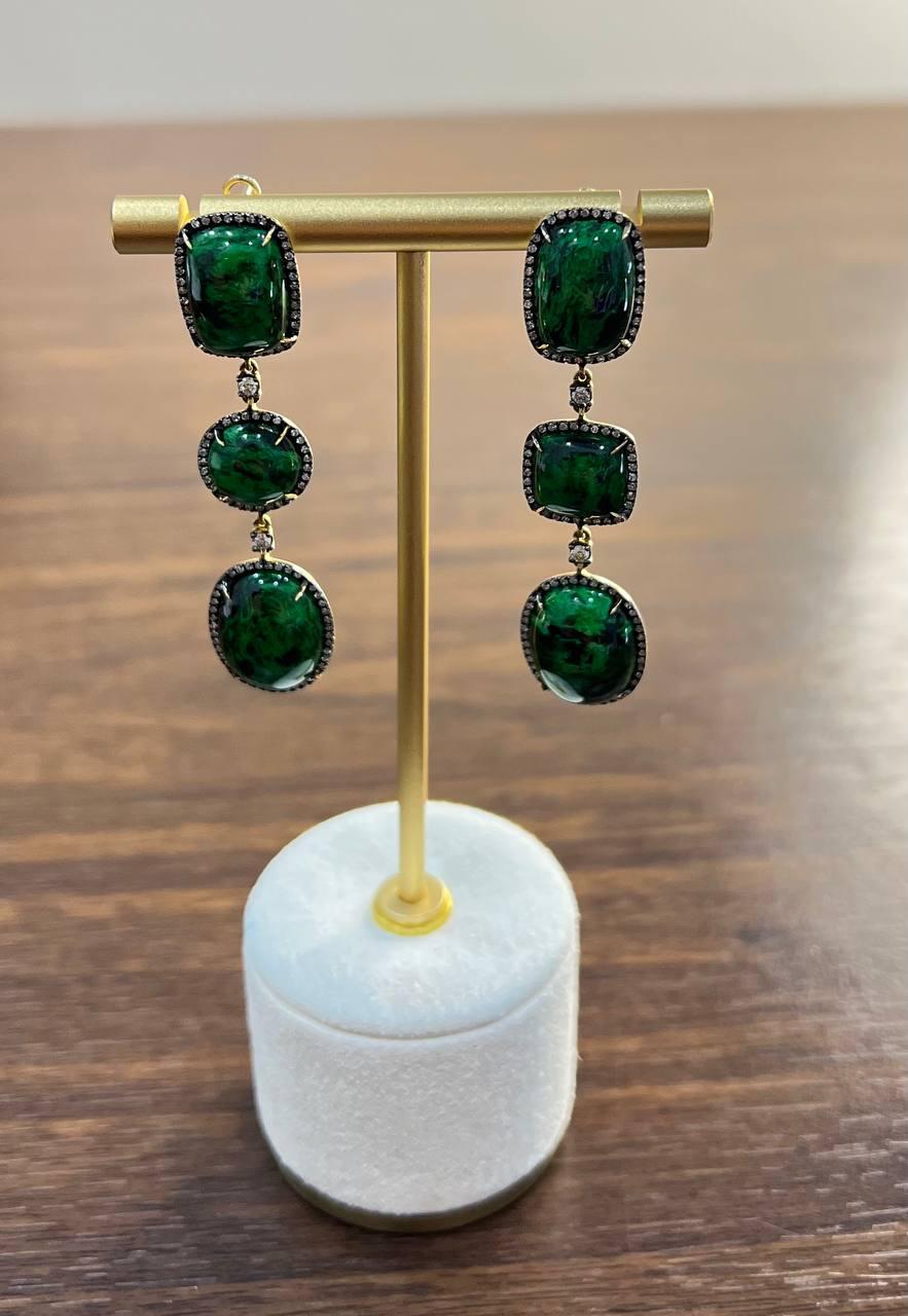 Dark Green Maw Sit Sit Jade-albite Diamond Halo 18K Gold Statement Drop Earrings