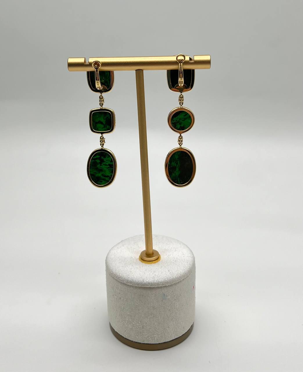 Dark Green Maw Sit Sit Jade-albite Diamond Halo 18K Gold Statement Drop Earrings