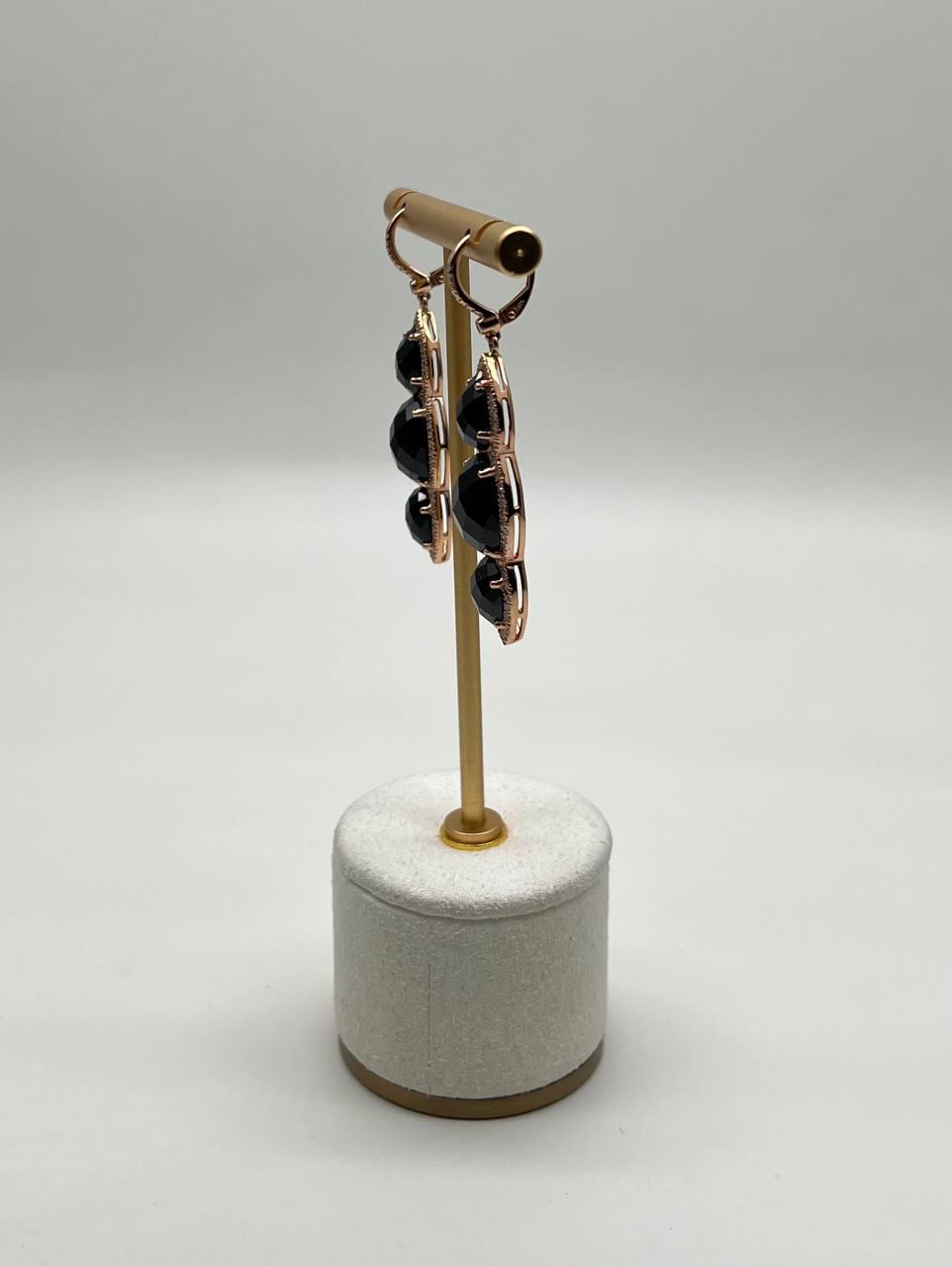 Black Onyx Faceted Diamonds Halo 14K Gold Statement Drop Dangle Earrings