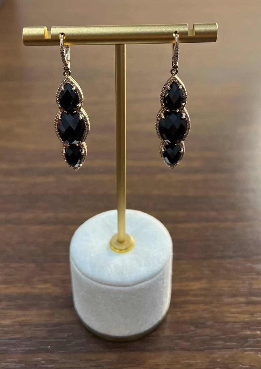 Black Onyx Faceted Diamonds Halo 14K Gold Statement Drop Dangle Earrings