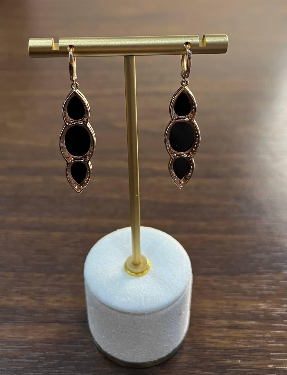 Black Onyx Faceted Diamonds Halo 14K Gold Statement Drop Dangle Earrings