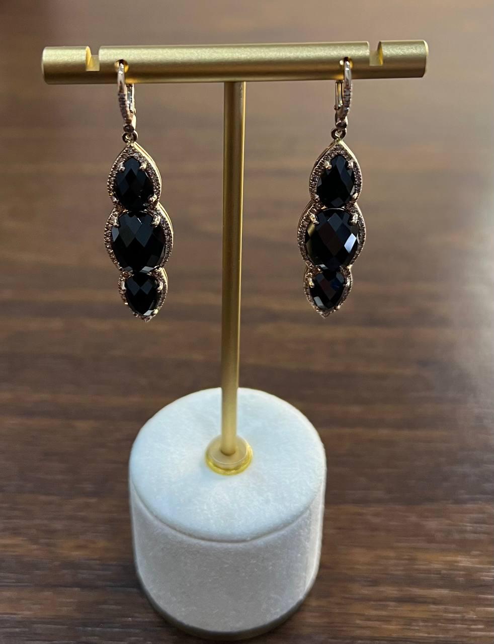 Black Onyx Faceted Diamonds Halo 14K Gold Statement Drop Dangle Earrings