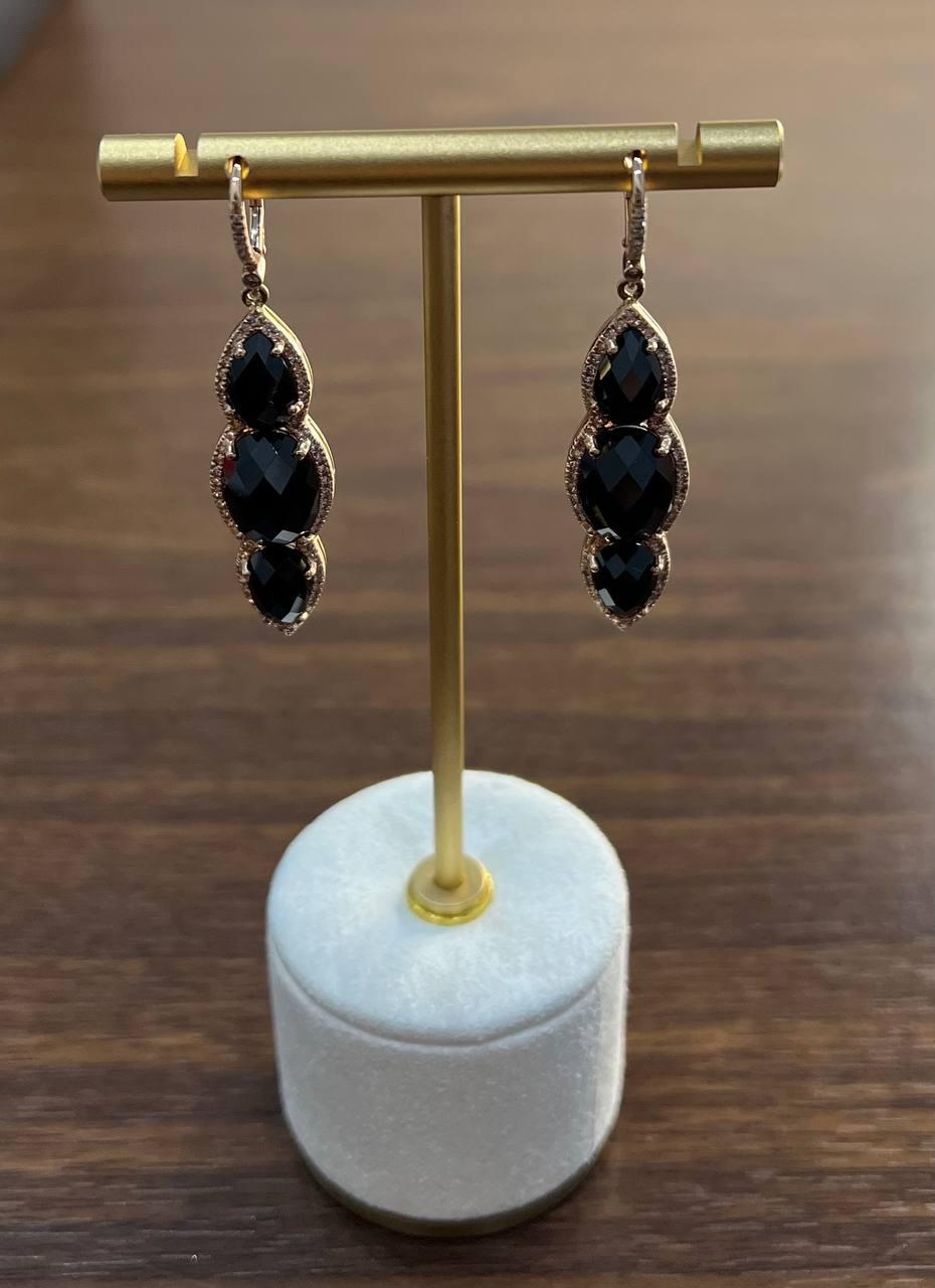 Black Onyx Faceted Diamonds Halo 14K Gold Statement Drop Dangle Earrings