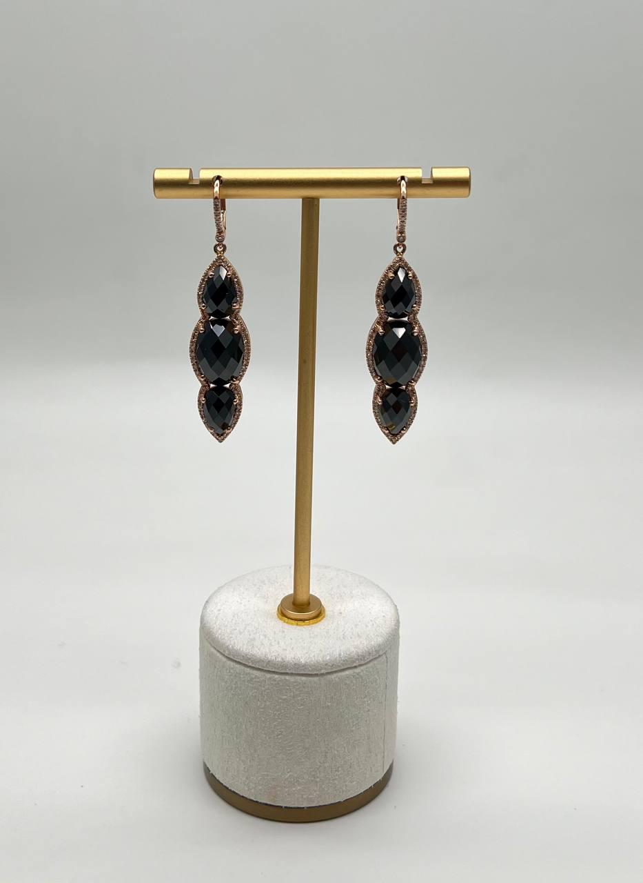 Black Onyx Faceted Diamonds Halo 14K Gold Statement Drop Dangle Earrings