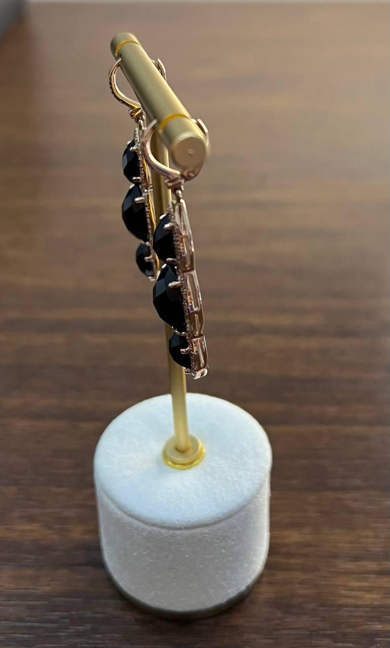 Black Onyx Faceted Diamonds Halo 14K Gold Statement Drop Dangle Earrings