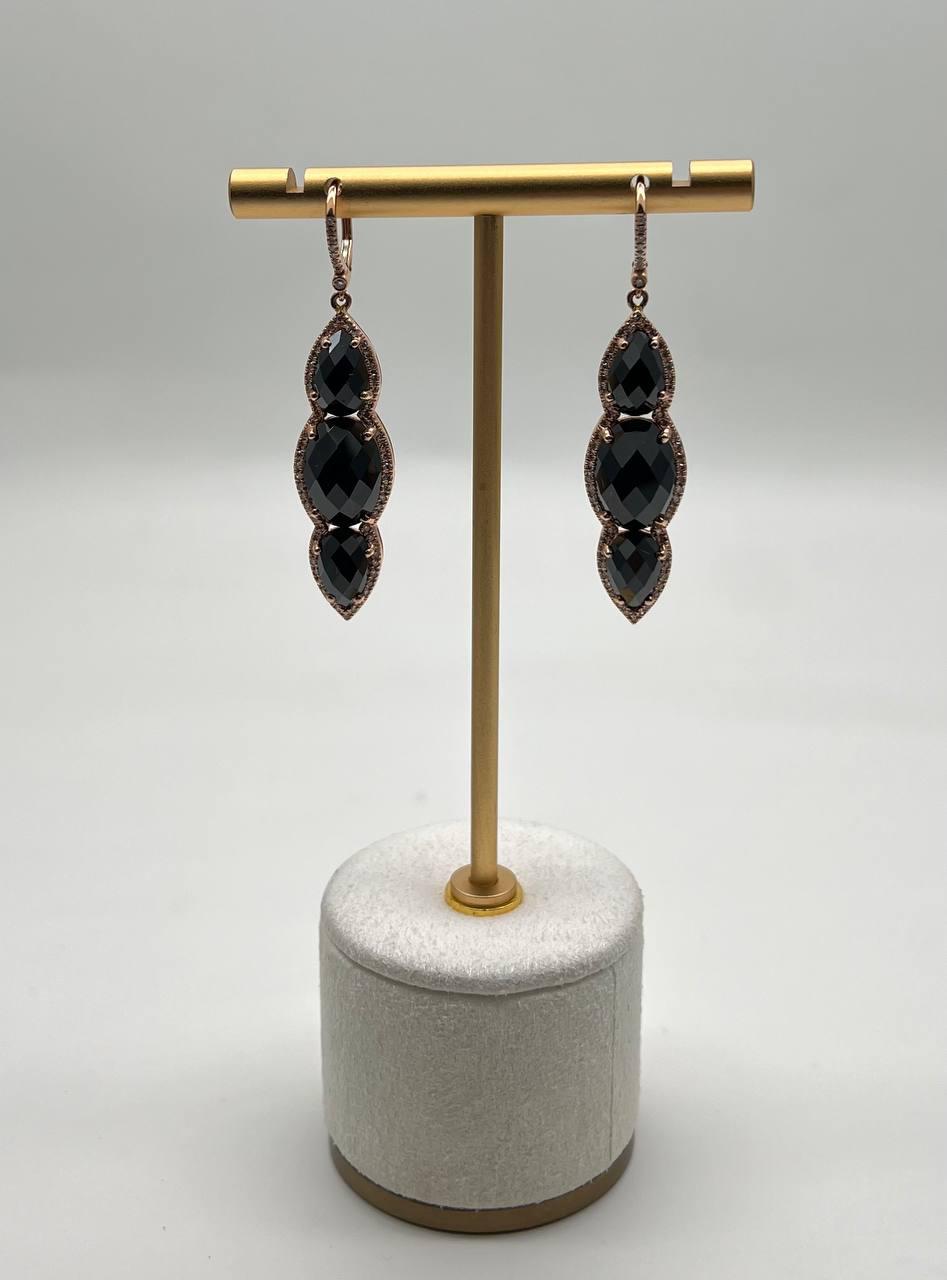 Black Onyx Faceted Diamonds Halo 14K Gold Statement Drop Dangle Earrings