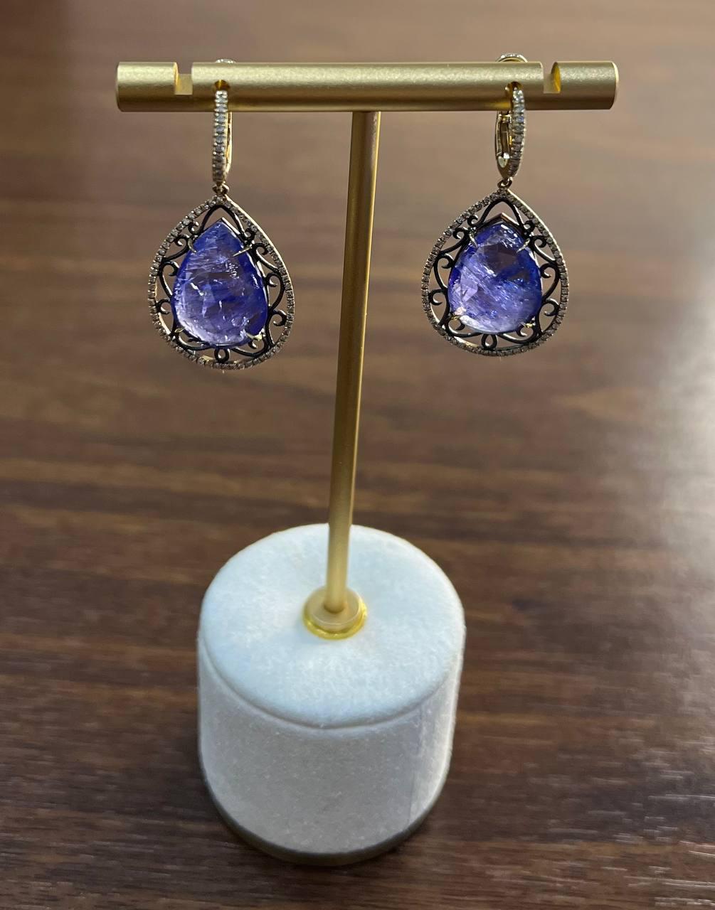 Pear Teardrop Blue Tanzanite Cabochon Diamond Halo 14K Gold Drop Earrings