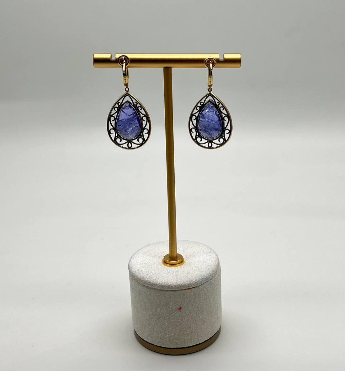 Pear Teardrop Blue Tanzanite Cabochon Diamond Halo 14K Gold Drop Earrings