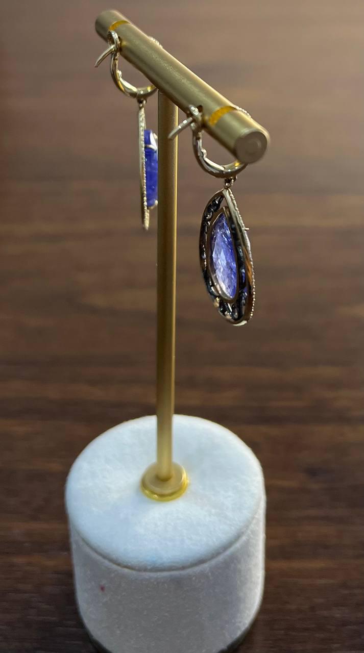 Pear Teardrop Blue Tanzanite Cabochon Diamond Halo 14K Gold Drop Earrings