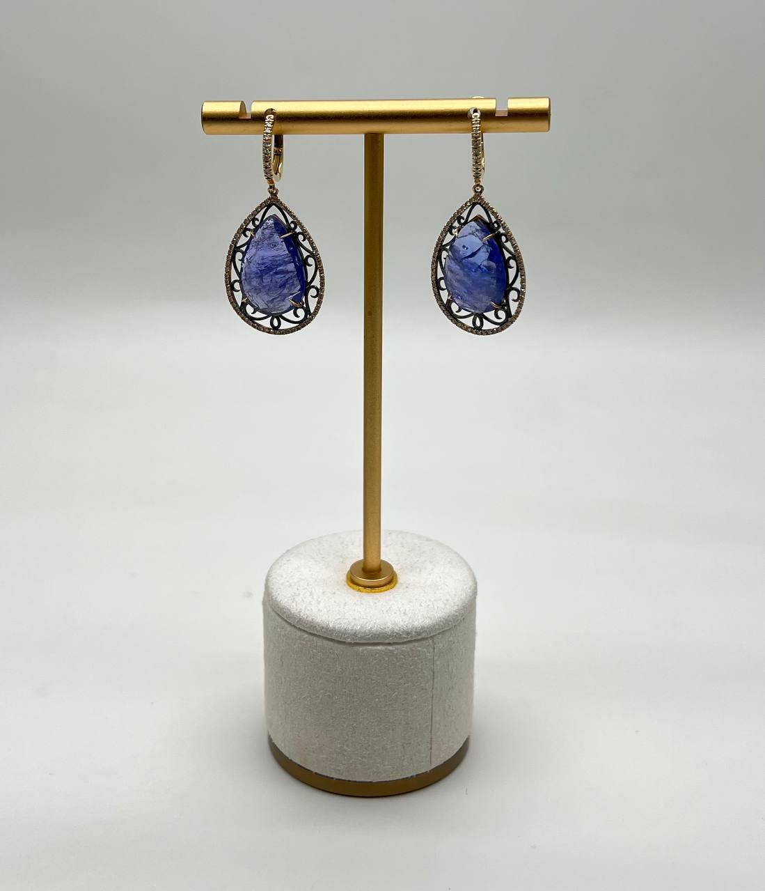 Pear Teardrop Blue Tanzanite Cabochon Diamond Halo 14K Gold Drop Earrings