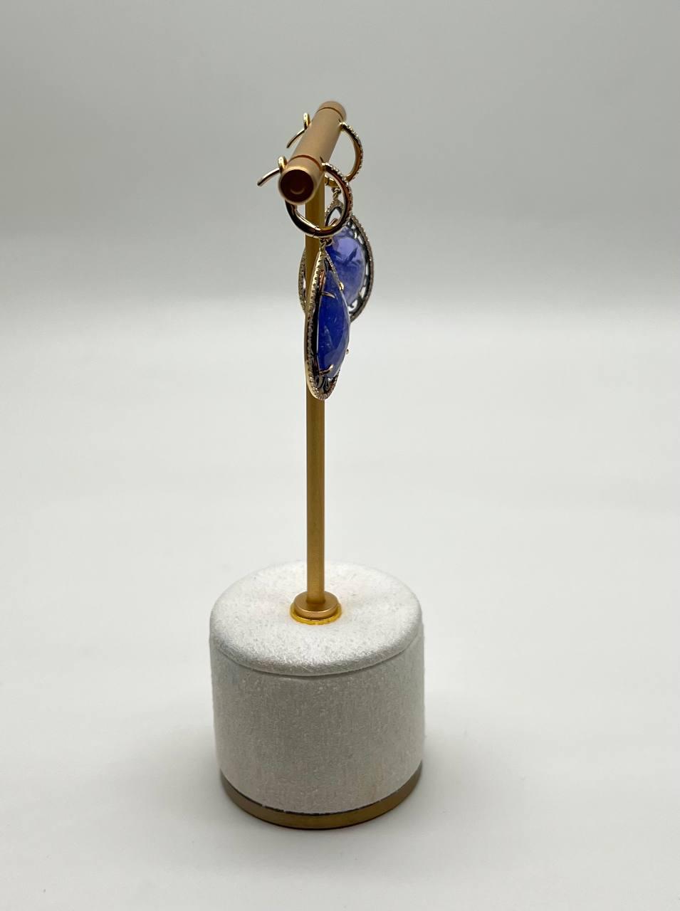 Pear Teardrop Blue Tanzanite Cabochon Diamond Halo 14K Gold Drop Earrings