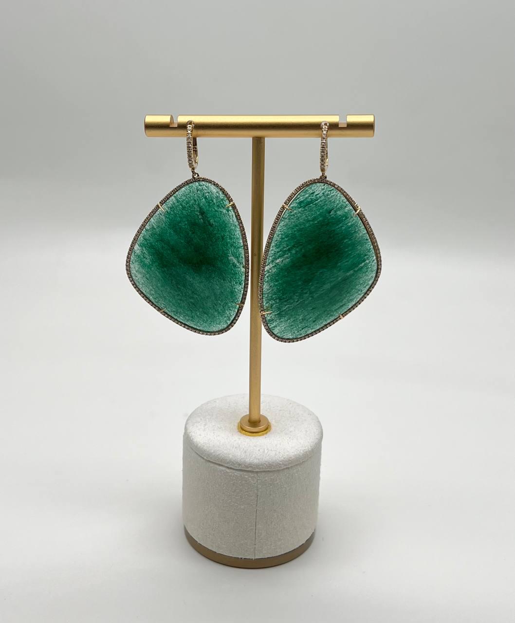 Free Shape Dark Green Aventurine 14K Gold Unique Statement Drop Earrings