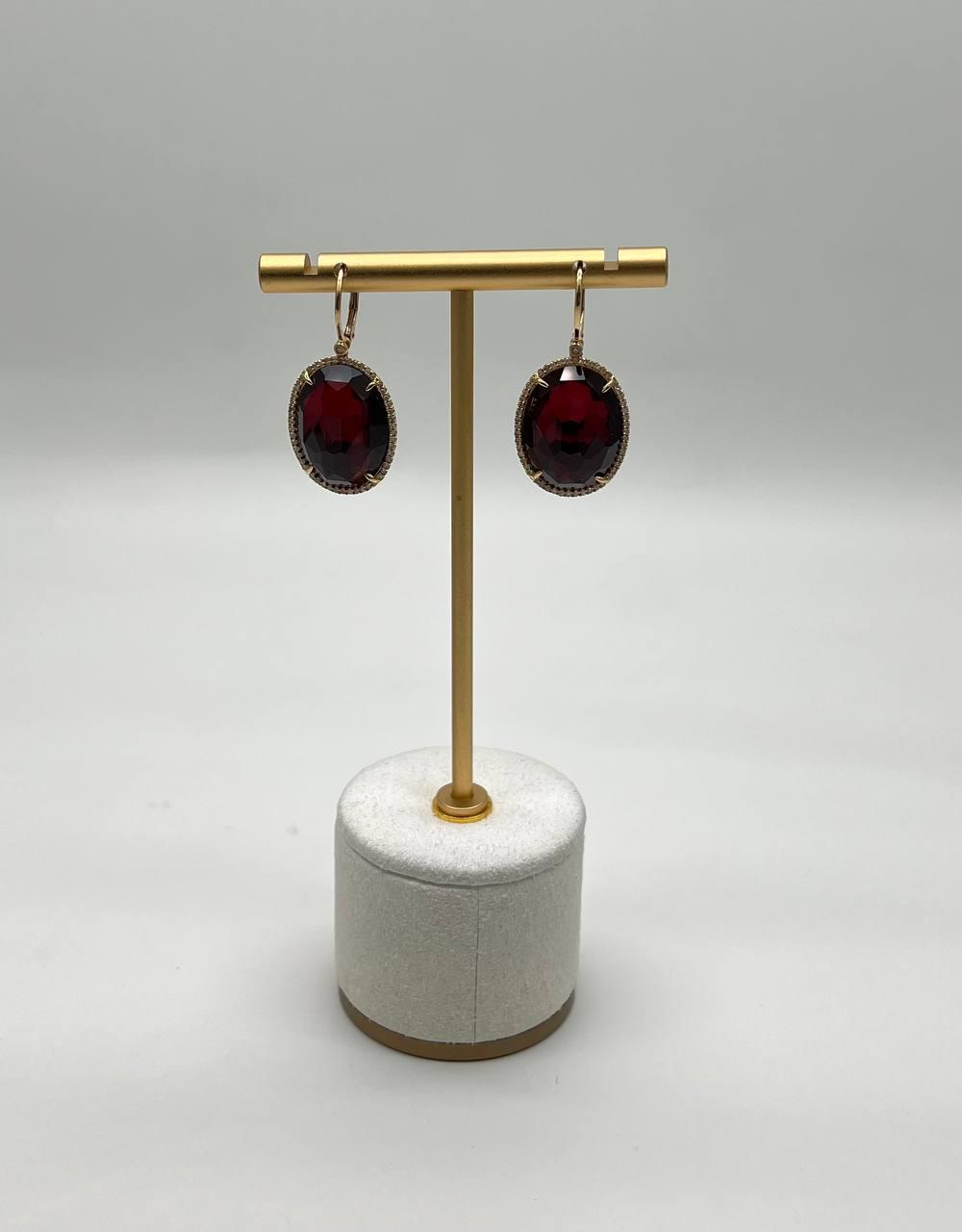 Oval Shape Faceted Cabochon Dark Red Sapphire Diamond 14K Gold Drop Earrings