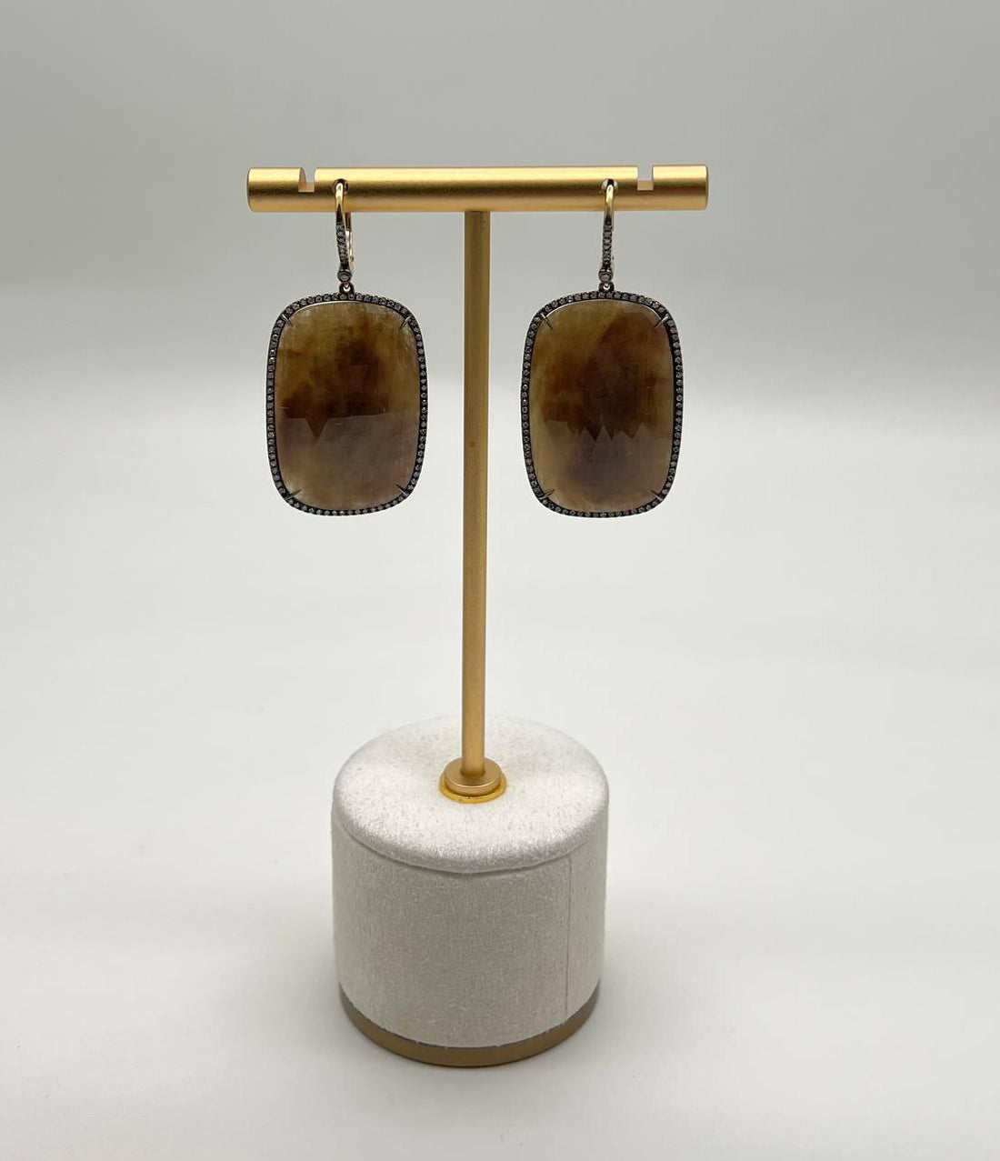 Cushion Shape Faceted Slice Brown Sapphire Diamond Halo 14K Gold Dangle Earrings