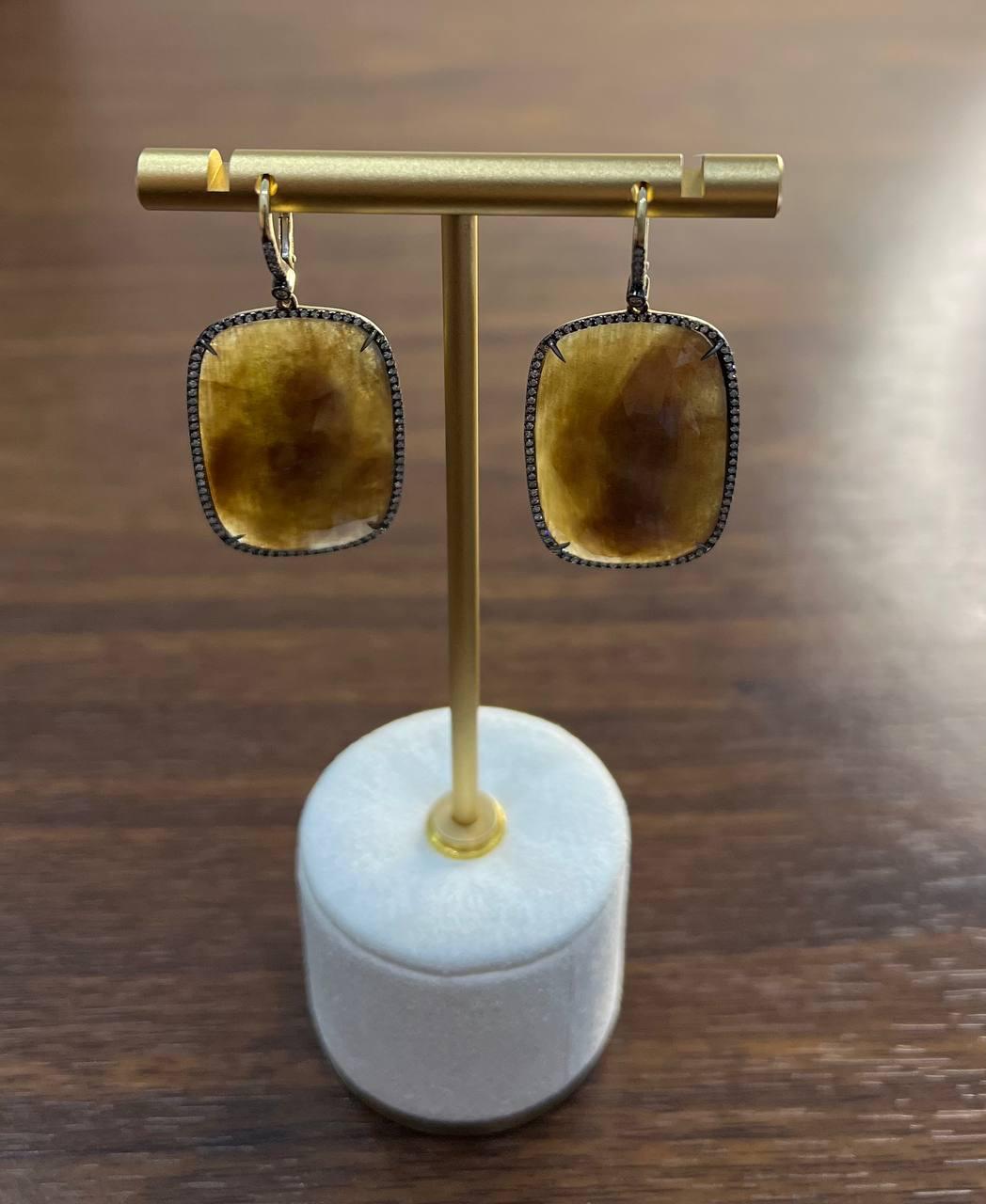 Cushion Shape Faceted Slice Brown Sapphire Diamond Halo 14K Gold Dangle Earrings