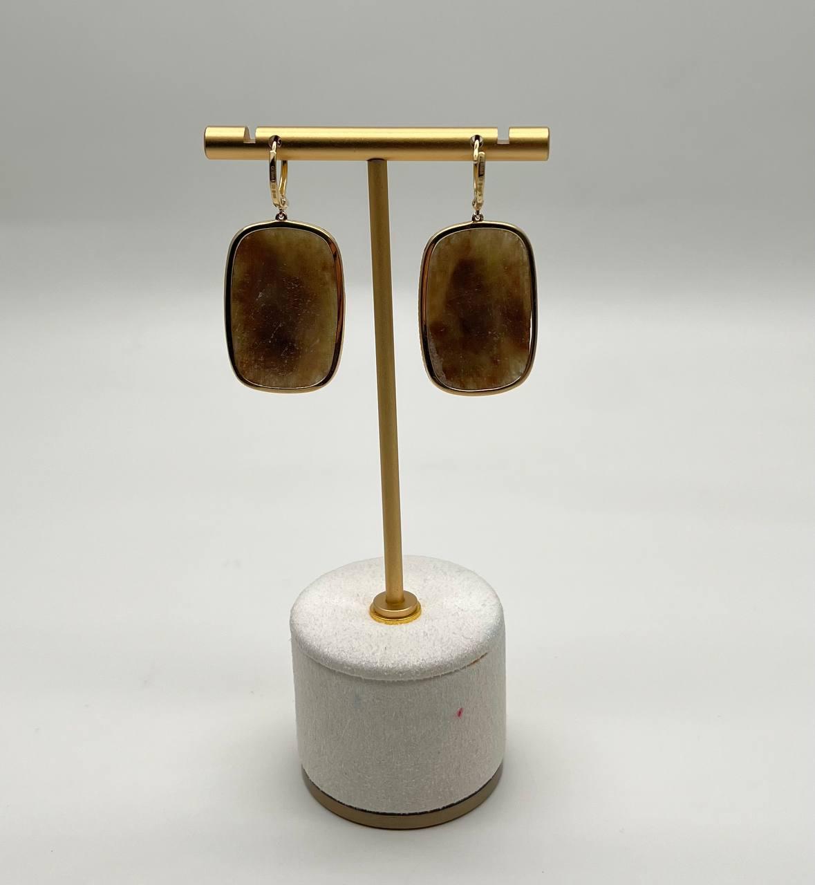 Cushion Shape Faceted Slice Brown Sapphire Diamond Halo 14K Gold Dangle Earrings