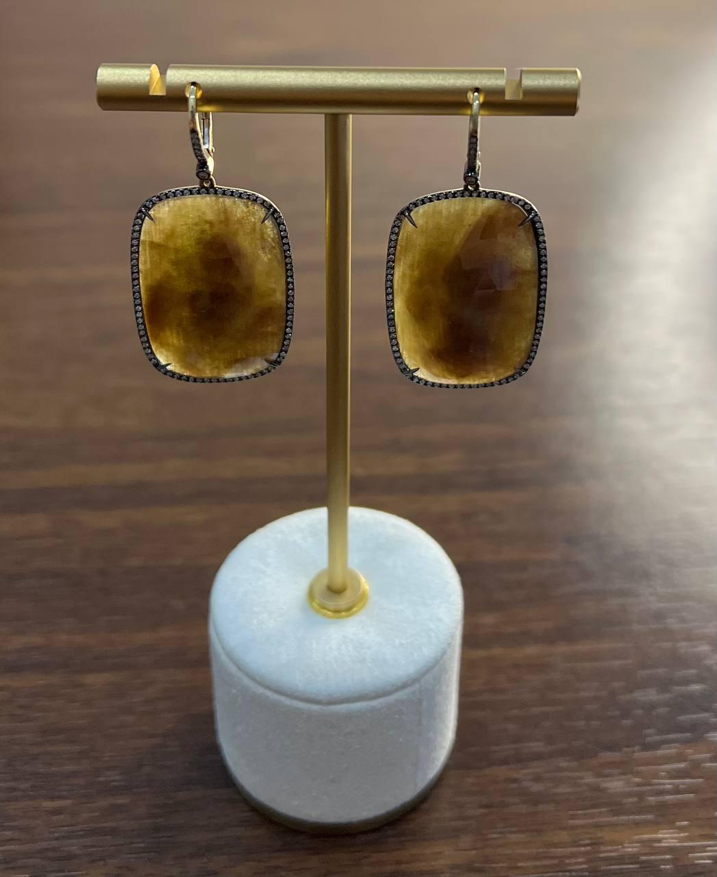Cushion Shape Faceted Slice Brown Sapphire Diamond Halo 14K Gold Dangle Earrings