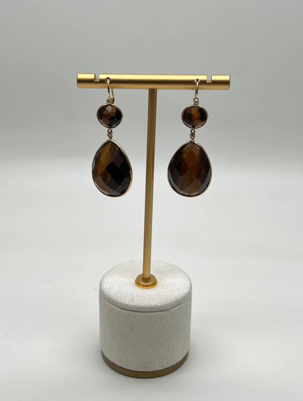 Oval Shape Faceted Cabochon Dark Brown Sapphires 14K Gold Drop Earrings