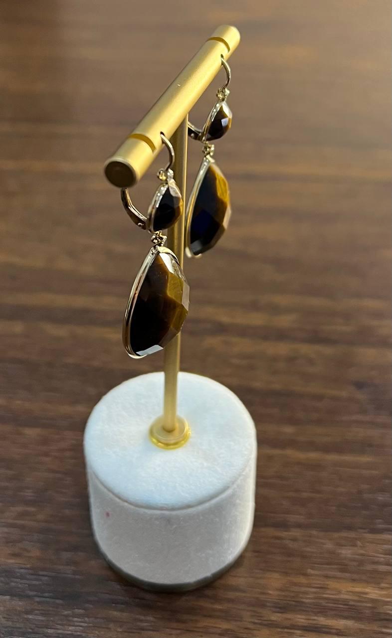 Oval Shape Faceted Cabochon Dark Brown Sapphires 14K Gold Drop Earrings