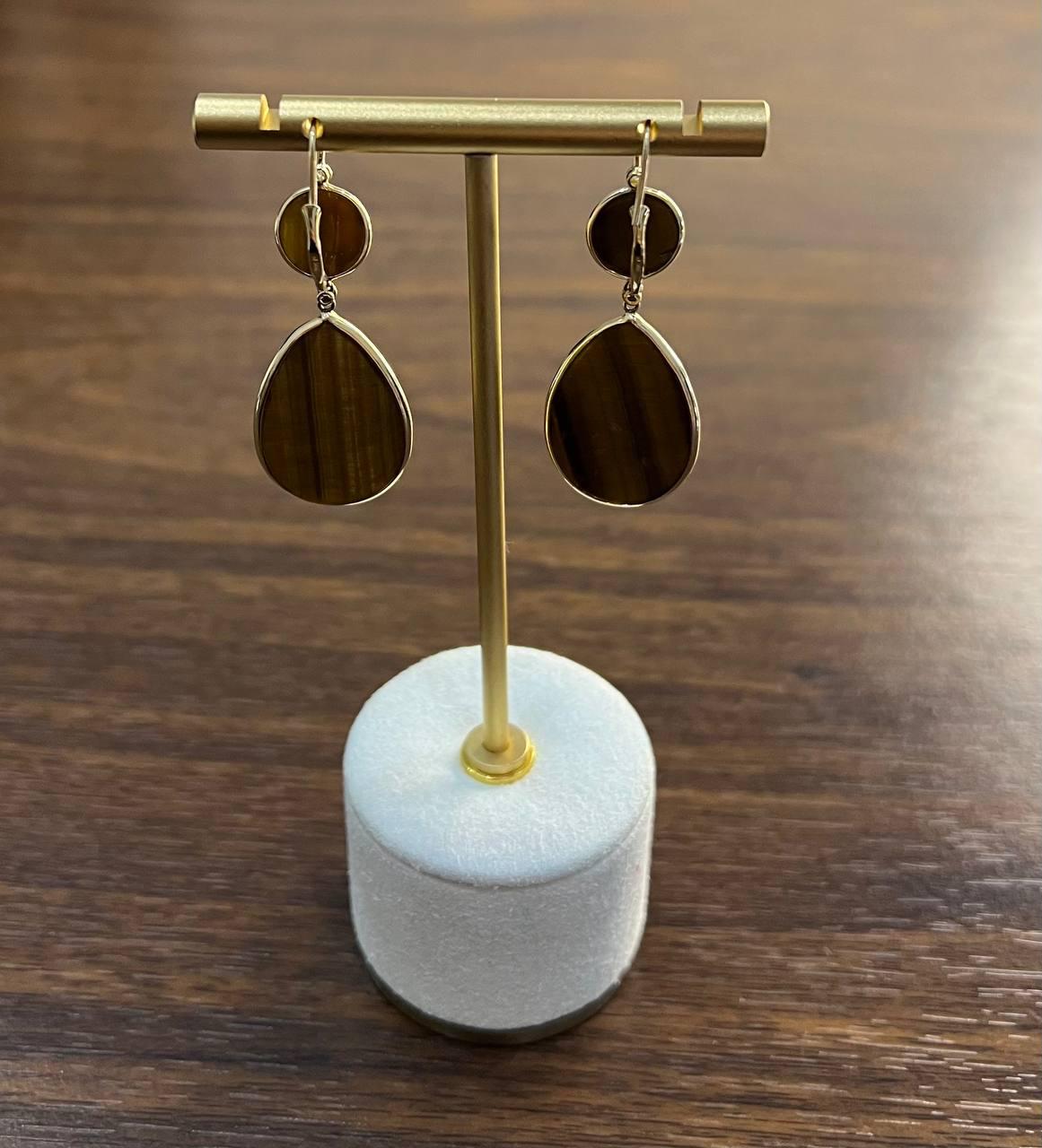 Oval Shape Faceted Cabochon Dark Brown Sapphires 14K Gold Drop Earrings