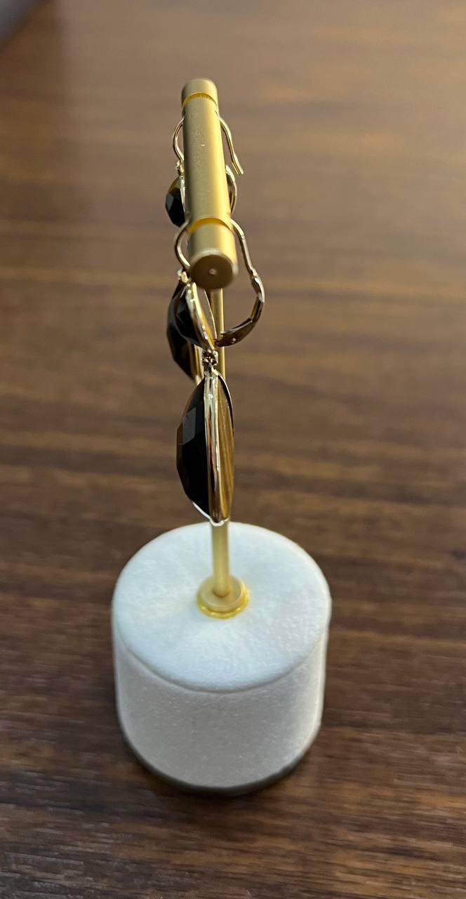 Oval Shape Faceted Cabochon Dark Brown Sapphires 14K Gold Drop Earrings