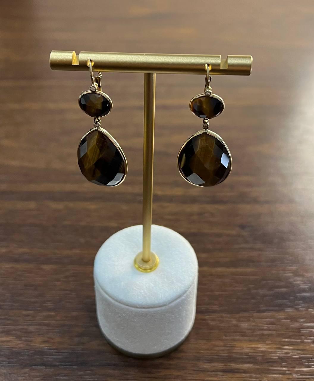 Oval Shape Faceted Cabochon Dark Brown Sapphires 14K Gold Drop Earrings