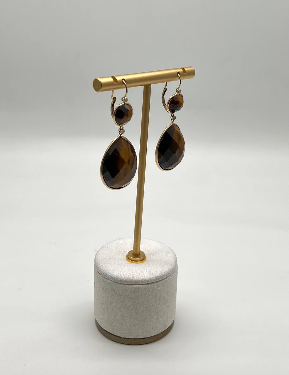Oval Shape Faceted Cabochon Dark Brown Sapphires 14K Gold Drop Earrings