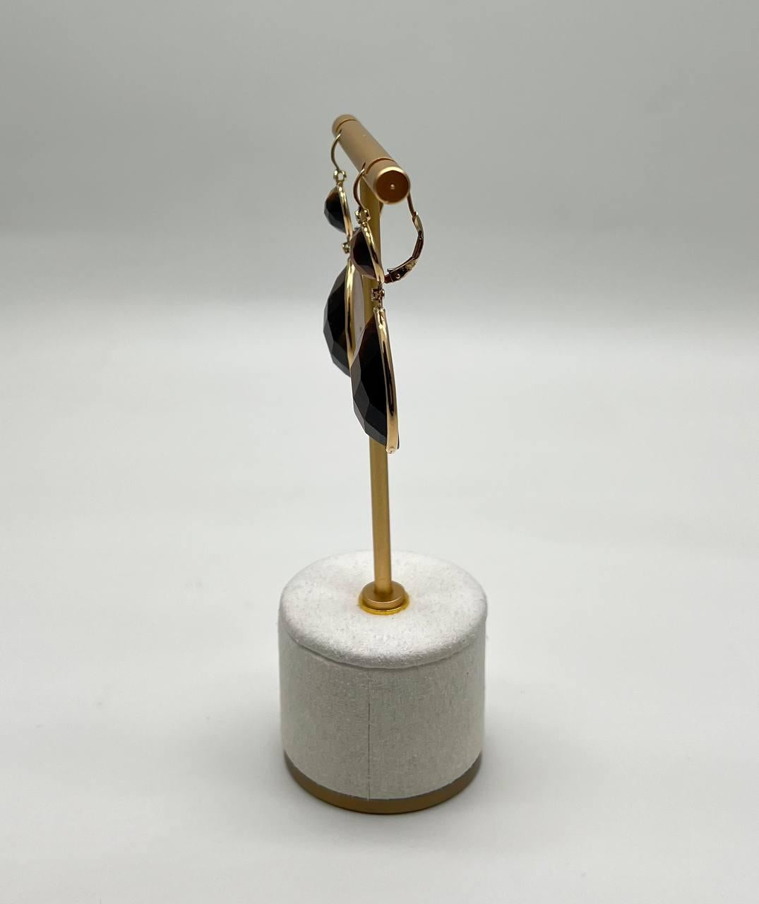 Oval Shape Faceted Cabochon Dark Brown Sapphires 14K Gold Drop Earrings