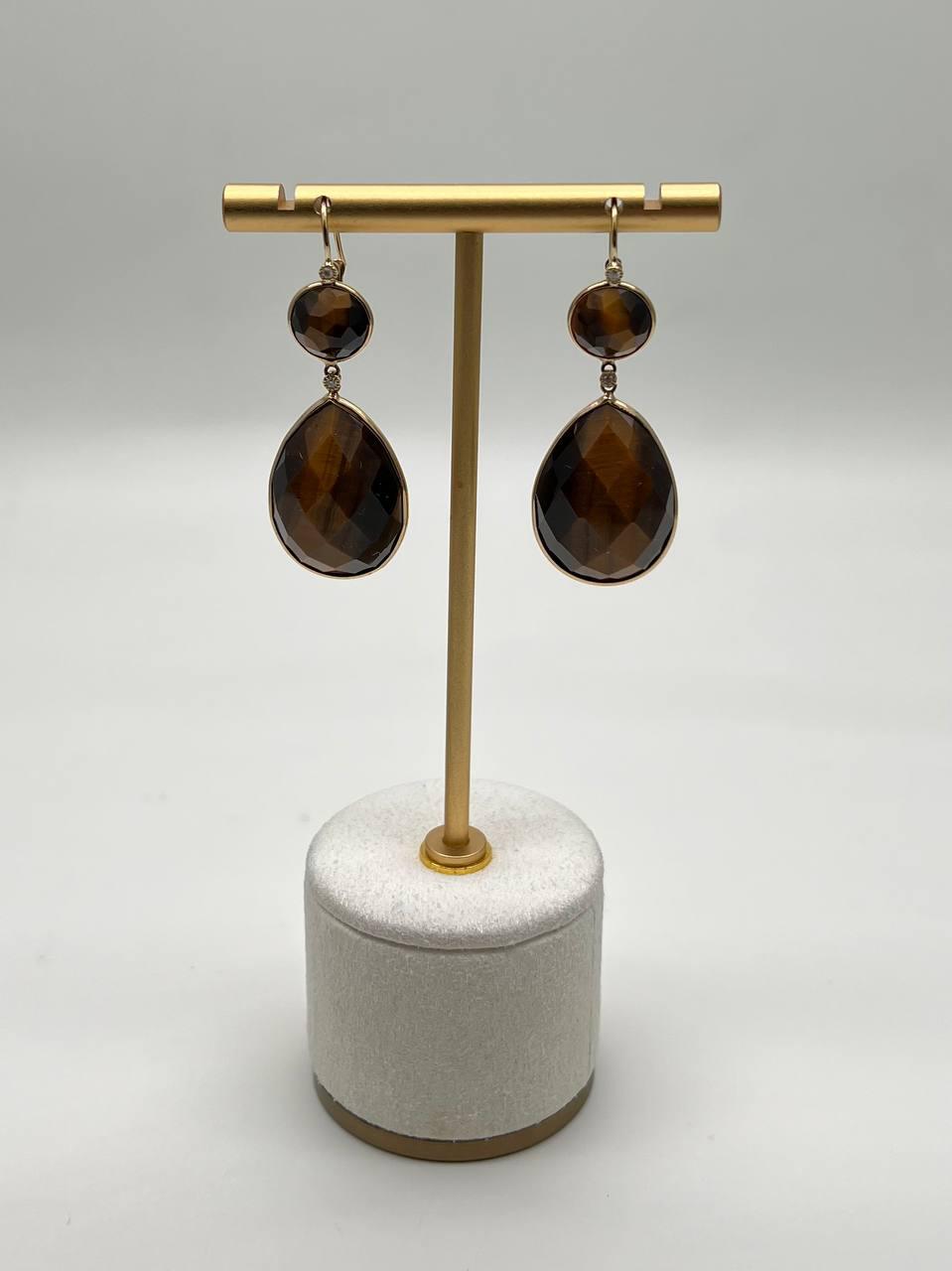 Oval Shape Faceted Cabochon Dark Brown Sapphires 14K Gold Drop Earrings