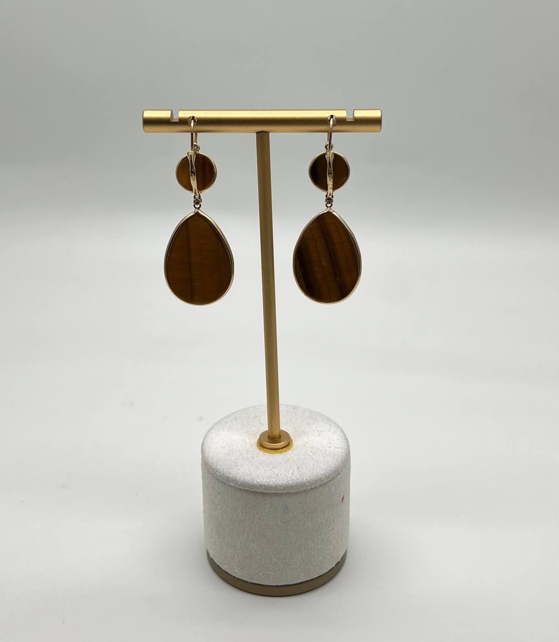 Oval Shape Faceted Cabochon Dark Brown Sapphires 14K Gold Drop Earrings