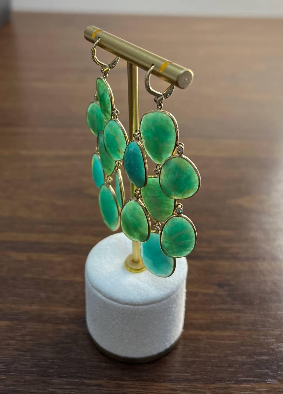 Green Blue Amazonite Free Shape Diamonds 14K Gold Dangling Chandelier Earrings